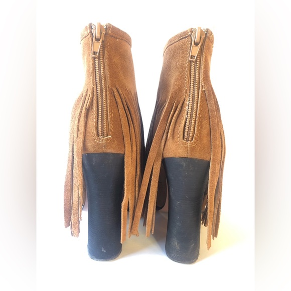 🧡 N.Y.L.A. GRAVANO COGNAC LEATHER FEINGE BOOTIE HEEL ANKLE BOOTS 6.5 - Picture 3 of 8